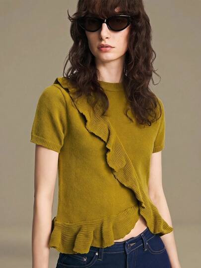 Ontre 2026 New Autumn Women's Knitted Top, Fitted Waist, Brown Short Sleeve, Round Neck, Ruffle Hem, Asymmetric Design, Casual Commute, Urban Modern, Minimalist Elegant, Tea Party, Independence Day, Old Money Style, Teacher, Women's Office Wear, Holiday, Vacation, Date, Outwear, Fashion Versatile Women's Knitted Top