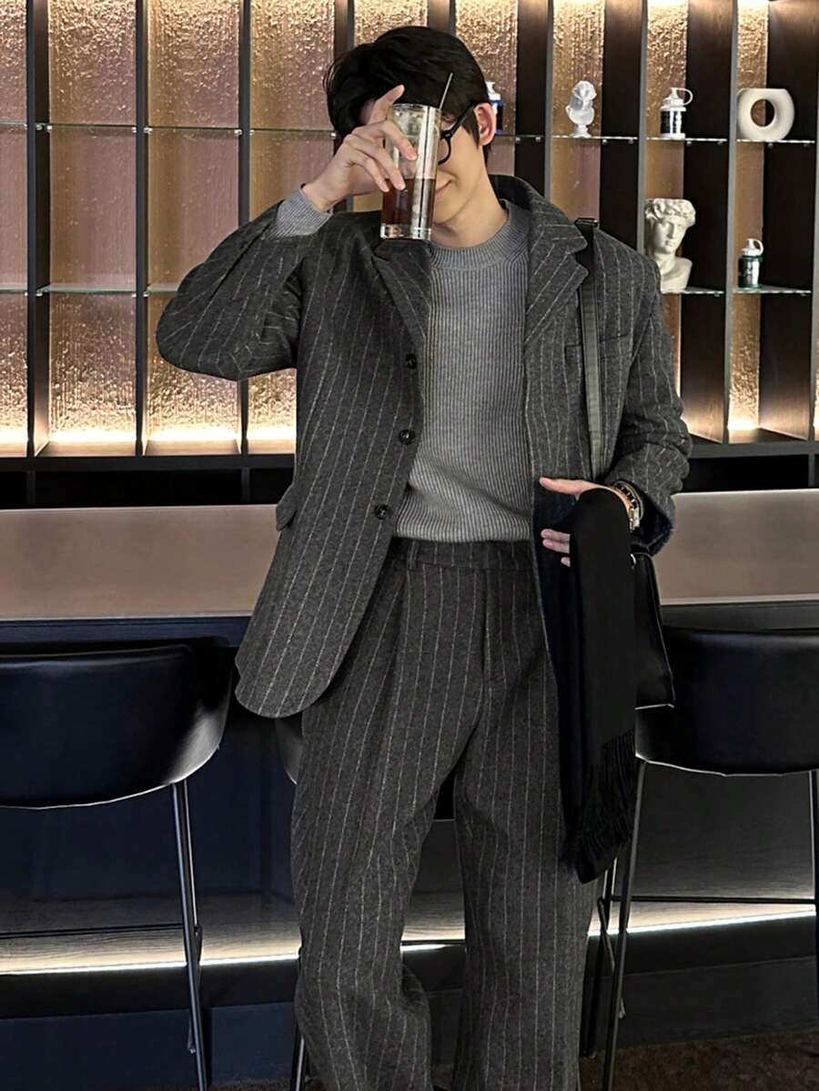DAZY Dark Gray Base With White Stripes Commuter Top With Back Slit Design Men's Suit Set - Grey - View 1