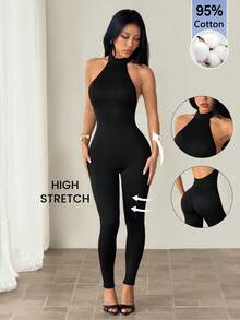 SHEIN PETITE Women's Solid Color Casual Daily Wear Halter Neck Jumpsuit - Black - View 1