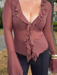 Jeta Ari Ruffle Trim Flare Sleeve Knot Front Lettuce Trim Mesh Top Fall - Chocolate Brown - View 4