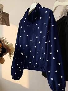 SHEIN Tween女孩秋季新款波點圖案寬鬆立領夾克外套 - 藍色 - 查看 3