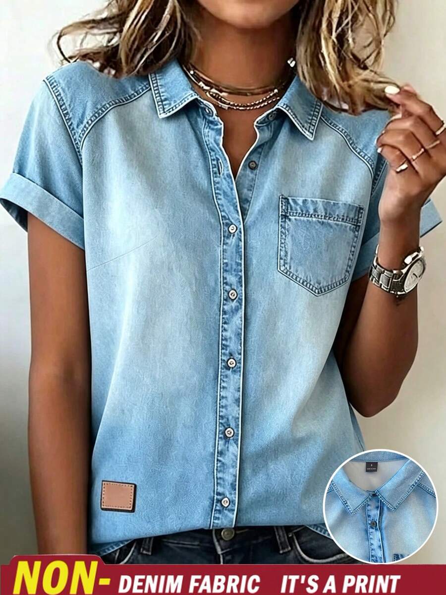 Omancia Women's Short Sleeve Single-Breasted Pocket Casual Denim Effect Shirt - Blue - View 1
