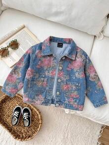 Baby Girl Floral Pattern Blue Denim Long Sleeve Jacket - Medium Wash - View 1