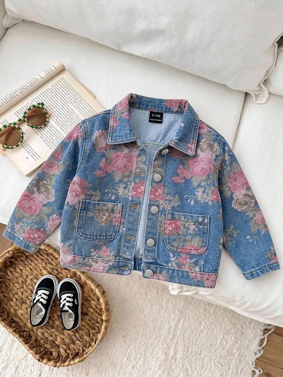 Baby Girl Floral Pattern Blue Denim Long Sleeve Jacket - Medium Wash - View 1