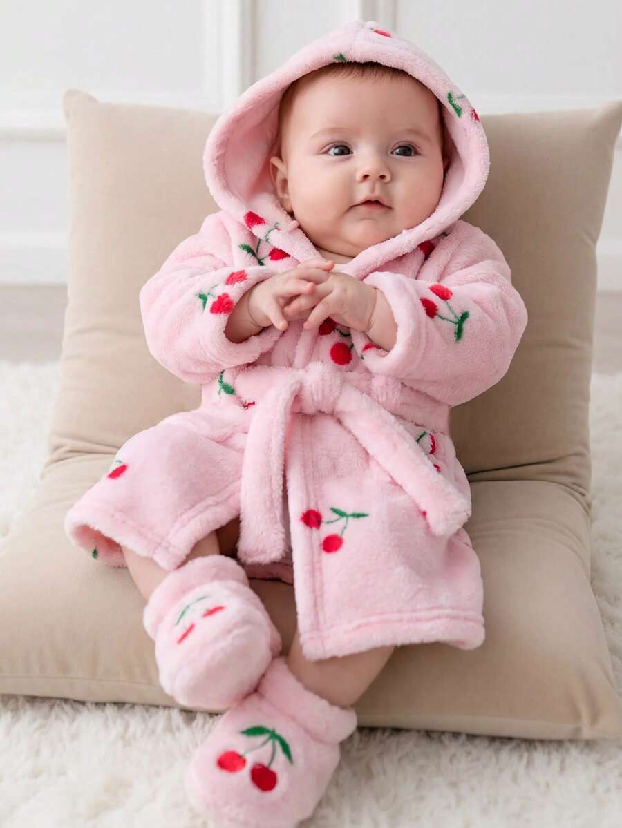 Cozy Pixies 新生兒男嬰女嬰卡通熊圖案保暖內裡加厚連帽長袖繫帶式晨袍 淡粉色 秋季可愛女嬰款 - 彩色 - 查看 1