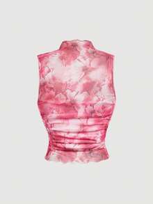 SHEIN MOD Plus Size Vintage Print High Neck Fitted Top, Rose Red, Romantic - Pink - View 5