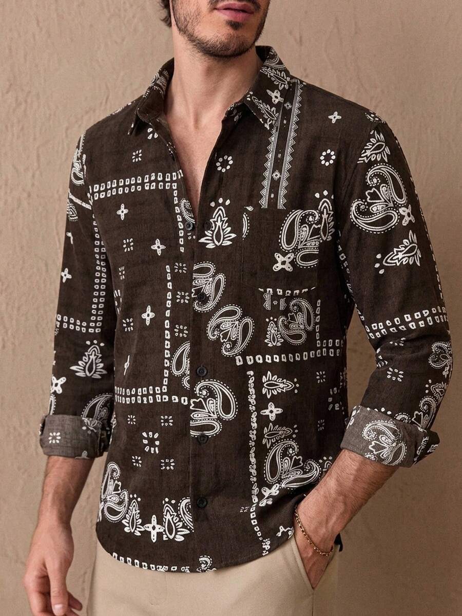 HIMLAND Men's Casual Paisley Print Vacation Shirt - Brown - View 1