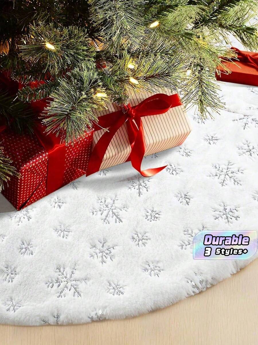 Christmas Tree Bottom Tree Skirt White Silver Christmas Day Supplies Round Plush Apron Decoration - Silver - View 1