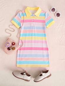SHEIN 女童度假條紋拼接鈕扣半開襟 Polo 洋裝，返校穿搭日常洋裝，適合夏季與秋季 - 彩色 - 查看 6