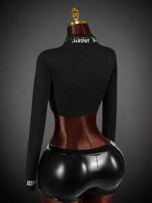 SHEIN ICON 黑色 Gorpcore 立領拇指孔字母 T 恤 - 黑色 - 查看 7