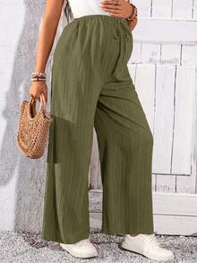 SHEIN Maternity Solid Color Wide Leg Pants For Vacation And Casual Wear - Army Green - View 6