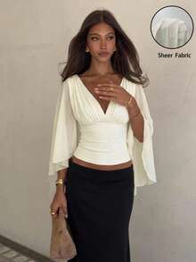 Siren Gaze Summer Women Deep V-Neck Pleated Casual  Daily Wear Ruffle Peplum Blouse Western Vintage Elegant Casual Formal Going Out Wedding Graduation Beach - Beige - View 3