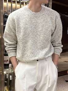 DAZY Men's Grey Marled Knit Sweater With Round Neck, Cuffed Sleeves And Hem, Spring/Autumn - Grey - View 4