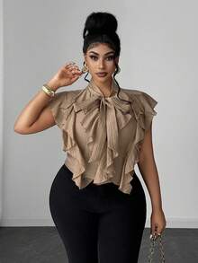 Maweii Plus Size Women Solid Color Tie Waist Casual Versatile Daily Wear Blouse - Camel - View 4