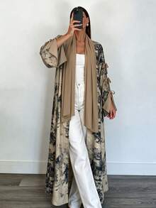 Yasmyna Women Modest Open Front Abaya+Hijab Botanical Print Lantern Sleeve Loose Long Kimono Outerwear - Khaki - View 6