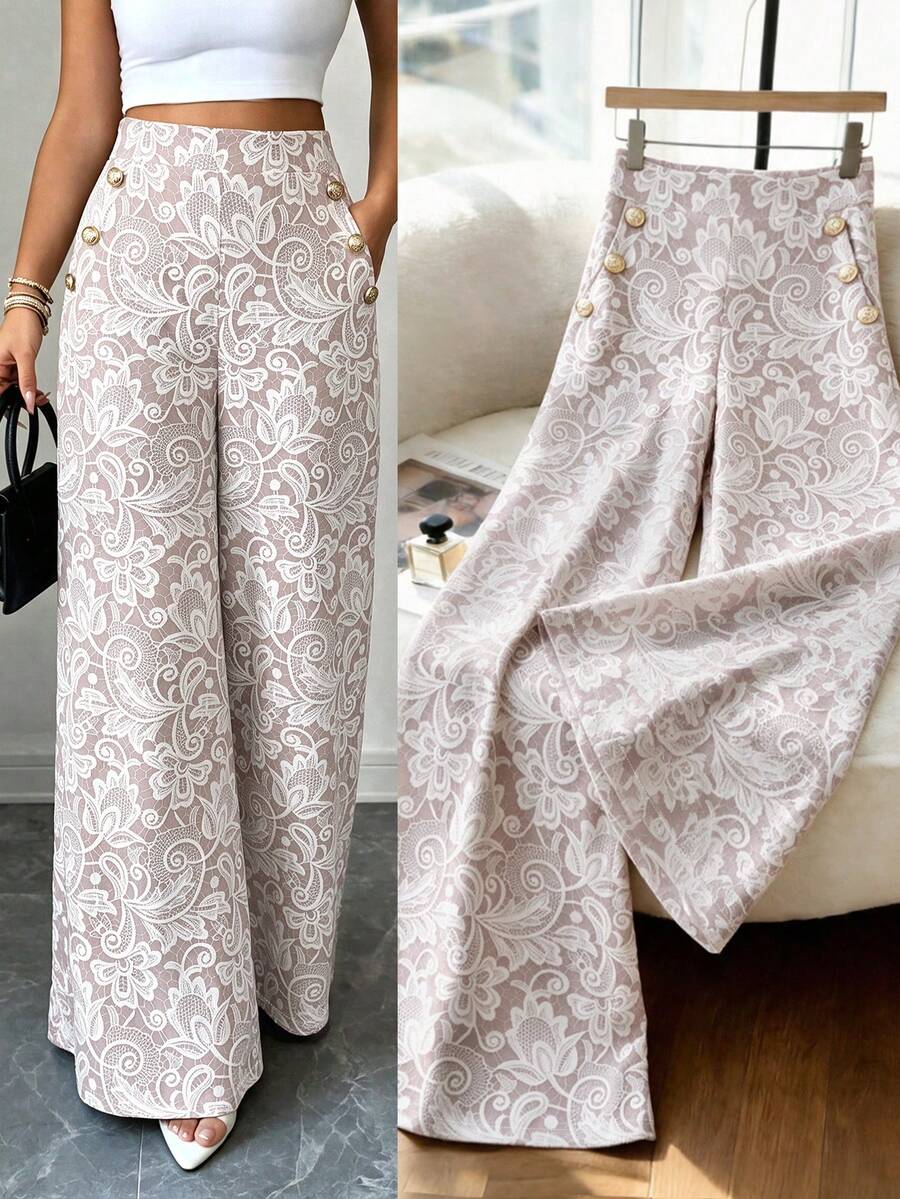 SHEIN LUNE Pantalon long ample élégant et romantique pour femmes avec imprimé floral, poches à boutons, rose floral, automne, occasions de fête & Fête nationale saoudienne - Blanc - Voir 1