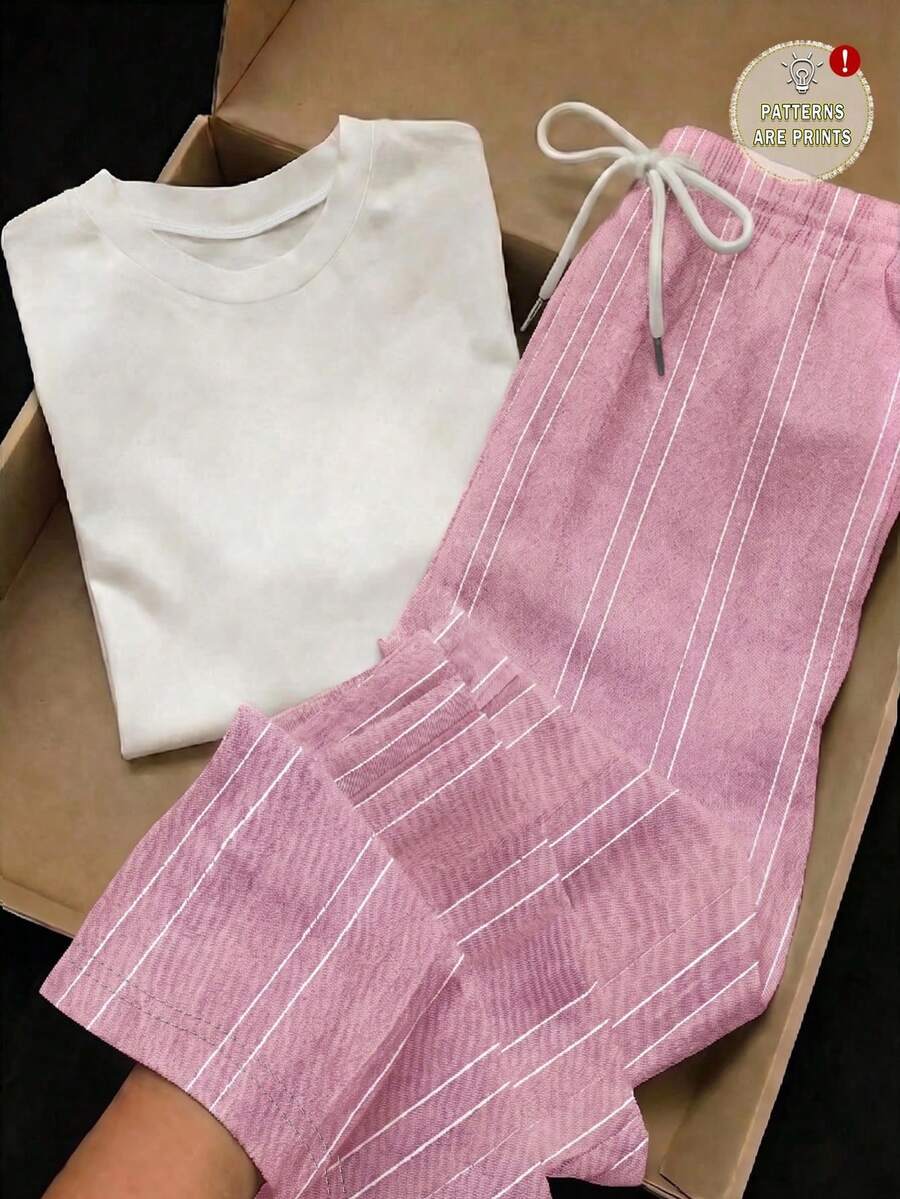 Tseoso 2件組刺繡圓領短袖上衣與條紋印花長褲,休閒風 - 粉色 - 查看 1