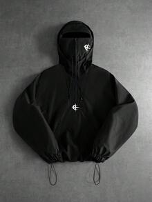 Manfinity Homme Fashionable Men's Hooded Embroidered Print Jacket, Suitable For Streetwear, Photography, Multi-Functional Sports Jacket, Suitable For All Seasons - Black - View 1