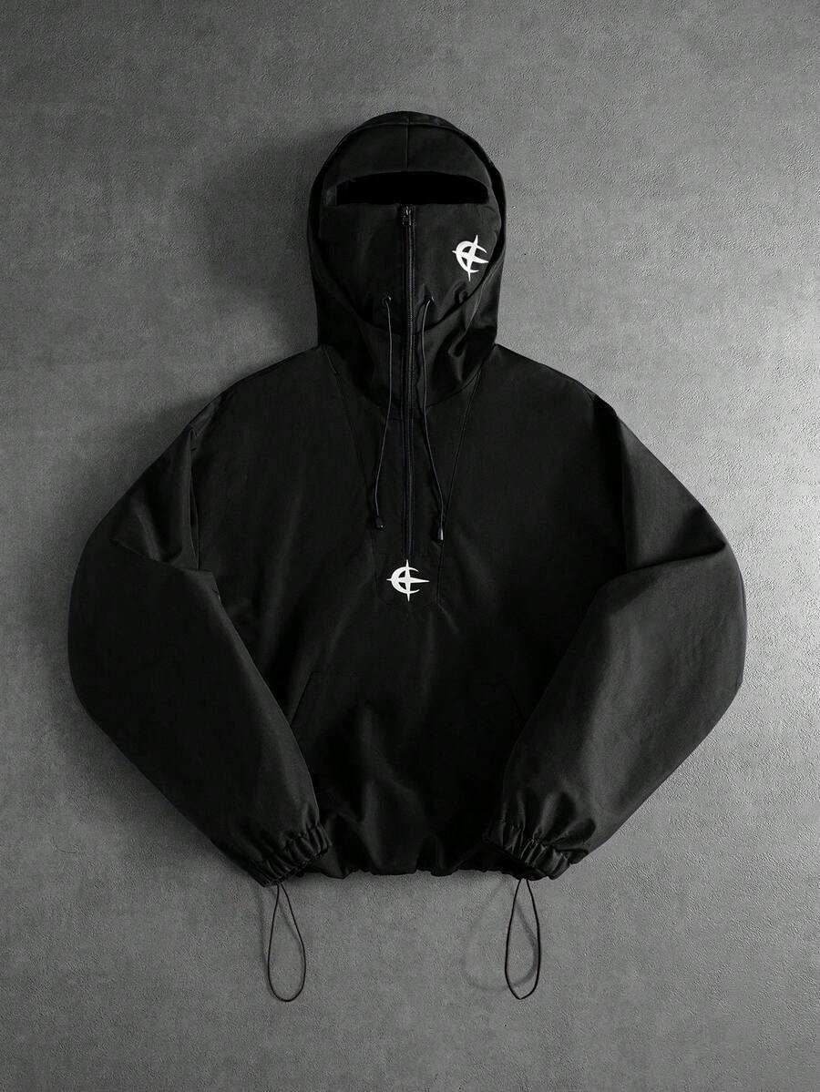 Manfinity Homme Fashionable Men's Hooded Embroidered Print Jacket, Suitable For Streetwear, Photography, Multi-Functional Sports Jacket, Suitable For All Seasons - Black - View 1