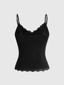 ROMWE Fairycore Spring/Summer Women's Solid Color Lace Patchwork Rhinestone Decor Camisole Tank Top - Multicolor - View 2