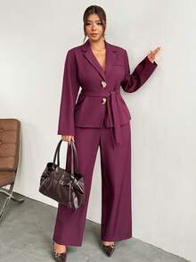 Firerie Plus Size Women's Solid Color Notch Lapel Long Sleeve Jacket And Pants Casual Commute Suit Set Elegant Business Work Suit Set For Women Fall/Winter - Red Violet - View 7