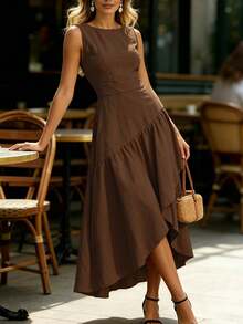 SHEIN Franclia French Style Square Neck Sleeveless Dress, Waist-Defining Slimming Asymmetrical Ruffle Design, Commuter & Vacation Dress - Dark Brown - View 4