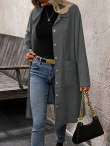 EMERY ROSE Plus Size Country Outfits Women Corduroy Double Pocket Button Placket Midi Coatan,Fall Women Clothes - Grey - View 4