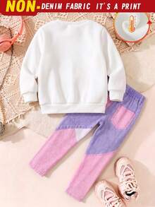 1 Set Conjunto de Primavera/Otoño para Niñas Pequeñas, Sudadera de Cuello Redondo con Estampado de Corazones y Volantes en Patchwork Rosa & Morado + Pantalones Largos de Ajuste Ceñido con Degradado de Bloques de Color, Conjunto de 2 Piezas - Multicolor - Ver 2