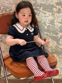 Dazy Kids 女嬰休閒可愛花卉印花短袖 Polo 領洋裝，夏季幼兒穿著 - 藍色 - 查看 3