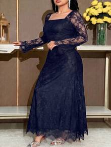 Feyla Plus Size Elegant Party Solid Color Lace Dress - Navy Blue - View 6