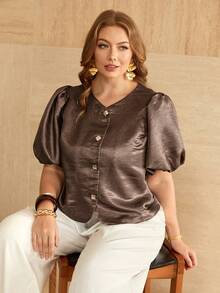 Roveilla Plus Size Women's Spring Autumn Winter French Romantic Sicilian Elegant Casual Commute Vacation Afternoon Tea Party Solid Color With Subtle Glitter Fabric Round Neck Open Front Metal Button Lantern Sleeve Short Blouse - Brown - View 5