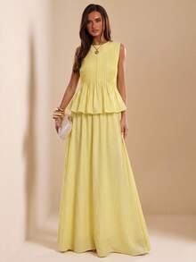SHEIN BAE Women's Elegant Solid Color Pleated Design Ruffle Hem Tank Top And Skirt Set - Yellow - View 6