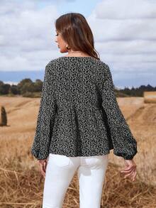 SHEIN Maternity V-Neck All-Over Print Pleated Casual Versatile Daily Wear Blouse Fall - Black - View 2