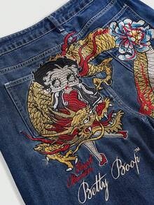 Betty Boop | ROMWE 春夏圖案聯名龍刺繡低腰寬鬆寬腿牛仔褲 - 寶藍色 - 查看 2