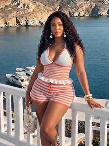 Slaydiva Plus Size Women's Striped Halter Knit Top And Knit Shorts Set, Casual Basic Style For Birthday Party, Daily Wear, Vacation, Cruise, Beach Summer - Orange - View 4