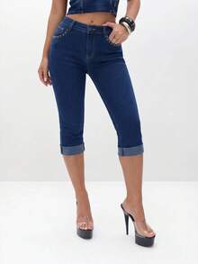 BABYPHAT Stretch Denim Capri Jeans With Roll-Up Cuffed Hems, Embroidered Cat Logo, Mid-Rise Fit, Five-Pocket Style - Dark Wash - View 2