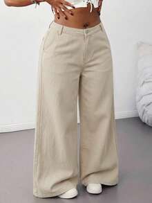 SHEIN Tall CURVE 大尺碼休閒百搭寬腿牛仔褲 - 卡其色 - 查看 4