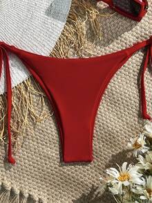 SHEIN Swim 2025 女款素色性感綁帶比基尼泳褲，夏季 - 紅色 - 查看 4