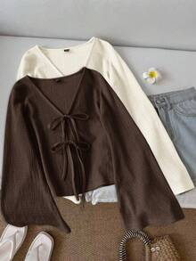 SHEIN LUNE 女款休閒純色V領喇叭袖前打結上衣，咖啡色與白色2件組 - 彩色 - 查看 1