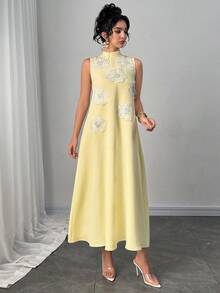 Modelyn 女款時尚優雅奢華重工3D花卉淺黃色寬鬆長款A字洋裝 - Butter Yellow - 查看 5