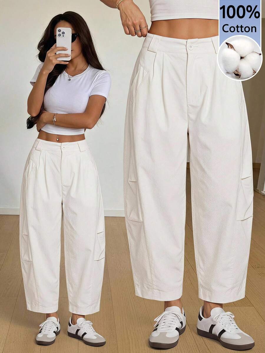 SHEIN PETITE Women's Solid Color Pleated Casual Versatile Daily Travel Long Pants