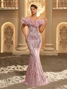 Glamrae Elegant Luxurious Glamorous Pink Exaggerated Organza 3D Ruffle Off-Shoulder Floor-Length Fitted Mermaid Wedding Event Heavy Embellished Evening Gown - Dusty Pink - View 1