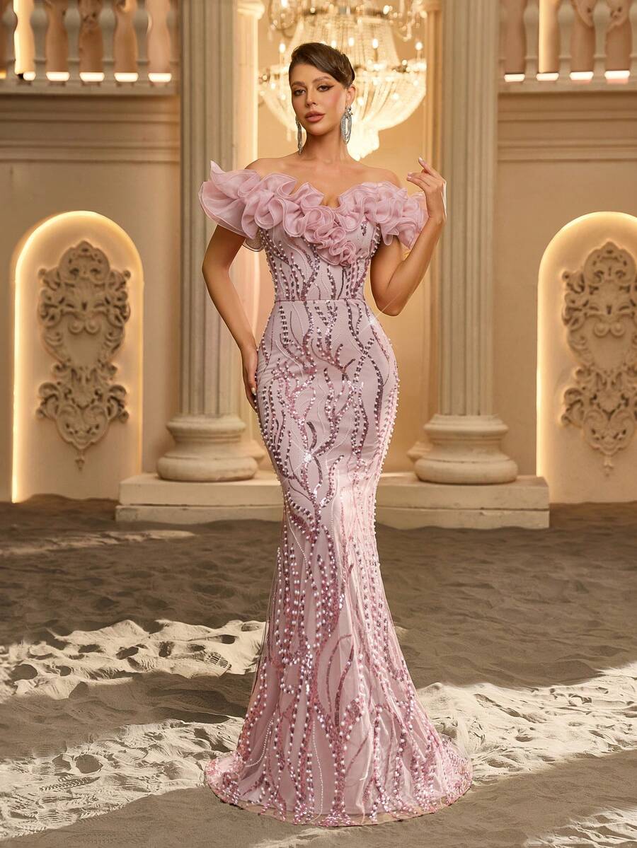 Glamrae Elegant Luxurious Glamorous Pink Exaggerated Organza 3D Ruffle Off-Shoulder Floor-Length Fitted Mermaid Wedding Event Heavy Embellished Evening Gown - Dusty Pink - View 1