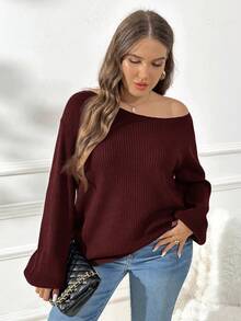 SHEIN Essnce 大码女装秋季女装新款时尚休闲通勤拉绒面料休闲纯色藏青色宽松多穿（单肩、斜肩、正肩）针织毛衣，毛衣套头露肩上衣，露肩长袖，秋季女式毛衣， - 紅色 - 查看 5