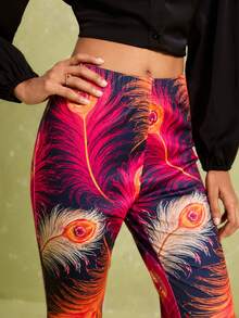 LOTSLUV Women's Early Summer Commute Party Vacation, Multicolor Base With Feather Pattern, Knitted Slim Fit Wide Leg Pants Boho 70s,Women's Pants - Multicolor - View 5