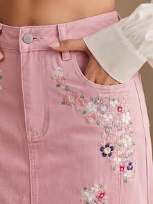 Anewsta 女款新款時尚夏季重工刺繡修身開衩裙 - 粉色 - 查看 2