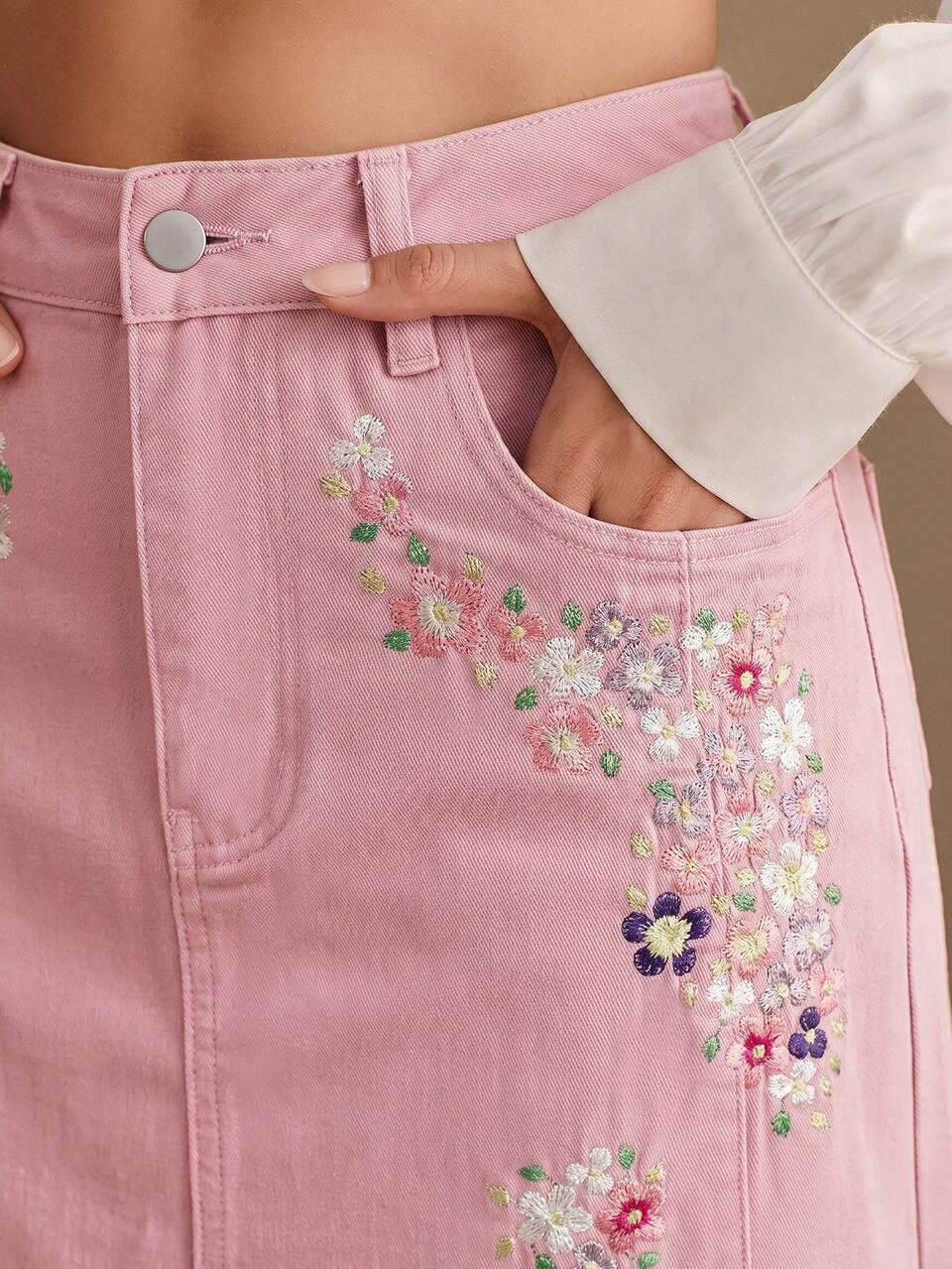 Anewsta Falda de verano de moda nueva para mujer con diseño de bordado pesado y efecto adelgazante con abertura