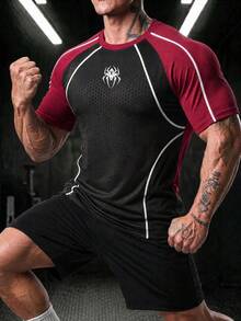 GymBeat Men's Spider Stripe Pattern Print Contrast Color Crew Neck Sports T-Shirt Gym Workout Black And White Summer Sporty Athleisure,Halloween - Multicolor - View 3