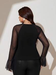 Viva Relle Sexig figursydd stickad topp med fyrkantig halsringning och meshlappdesign, långärmad plus size T-shirt för hösten - Svart - Visa 6