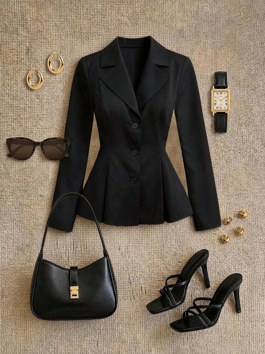 Grovea Plus Size Elegant Formal Dinner Black Autumn Casual Commute Formal Office Solid Color Front Button Shirt Formal Brunch Fall - Black - View 1